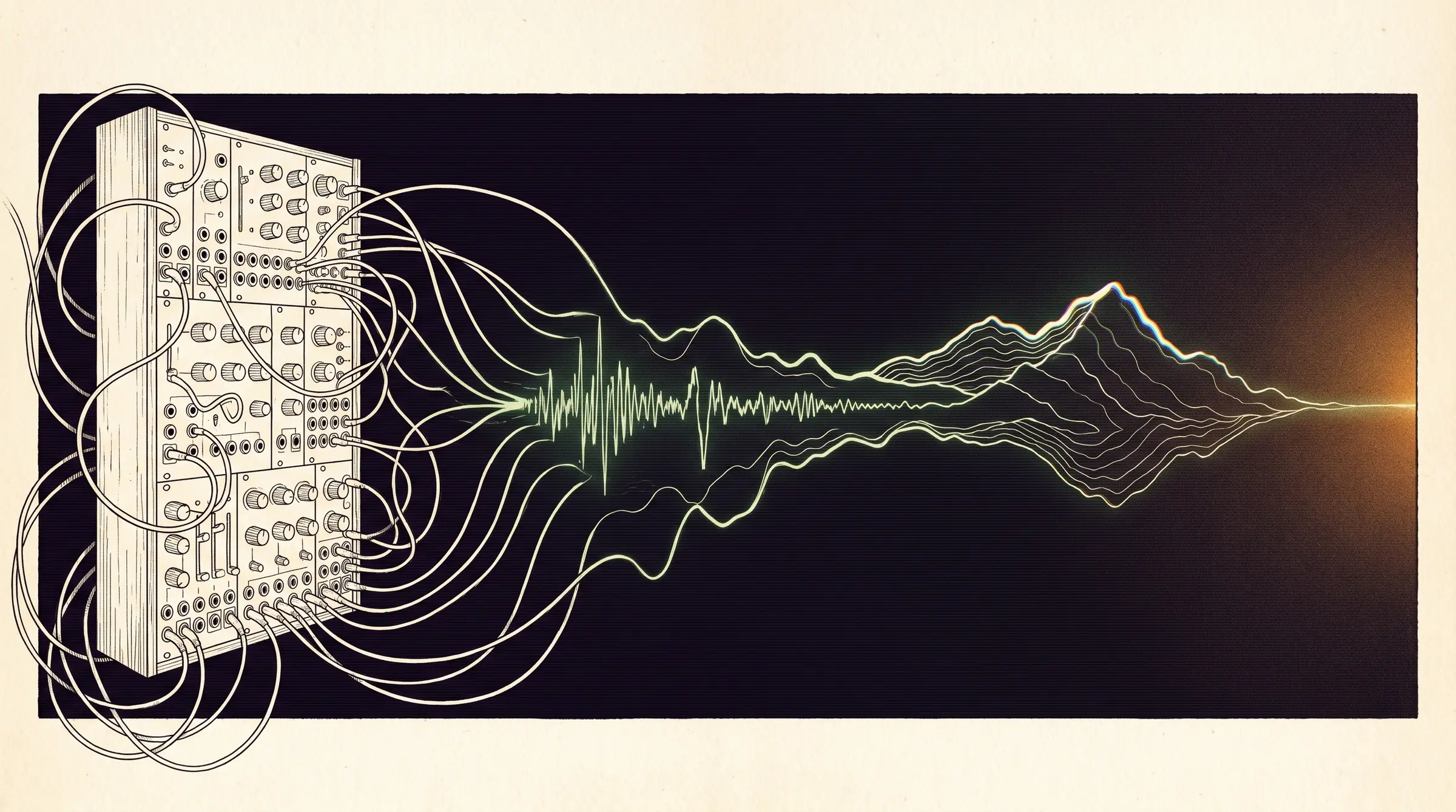 Wide ink illustration: modular synthesizer rack on the left, patch cables dissolving into Blue Ridge waveform contours on the right, phosphor green and amber on aged paper