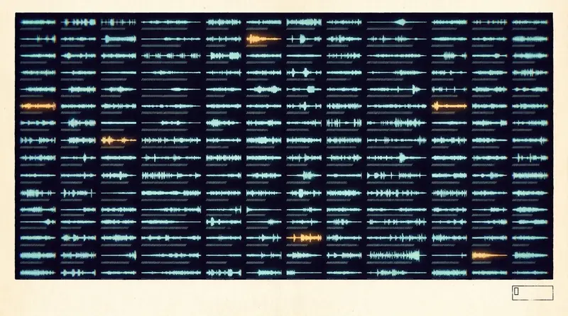 Dense grid of audio waveform thumbnails in phosphor blue with a blinking terminal cursor