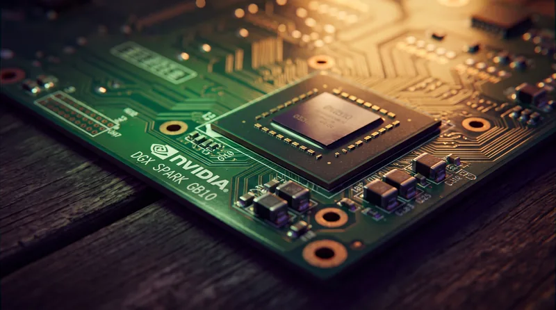 Close-up of the Nvidia GB10 board — black SoC chip on a green PCB lit by warm amber studio light